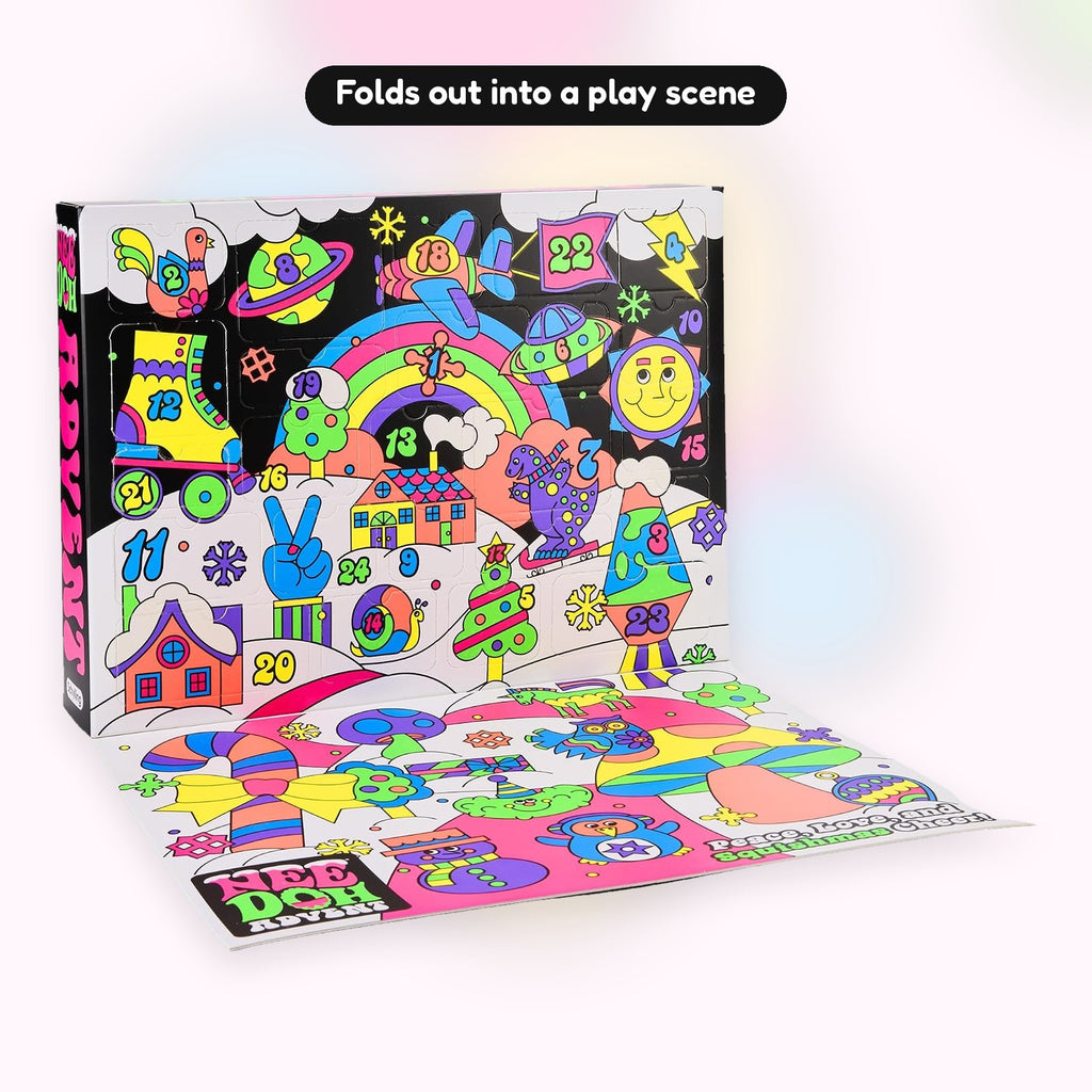 Squishy advent calendar folded out into a holiday play scene