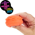 Hand squishing an orange mini NeeDoh: 24 unique teenie toys with squishy textures